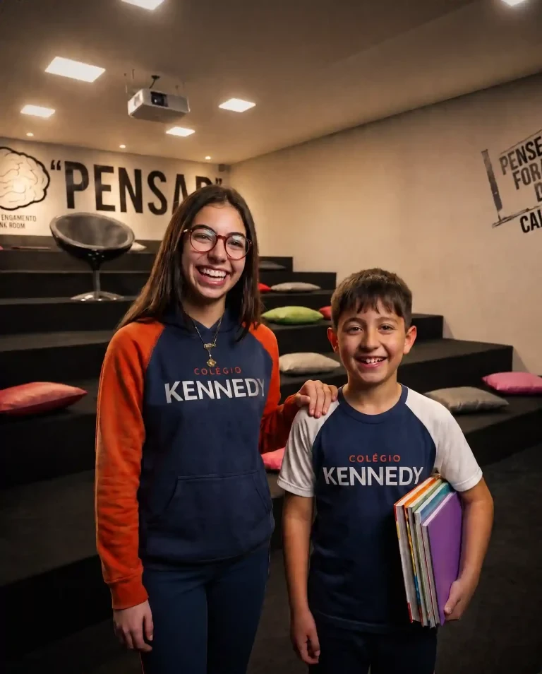 Alunos do Colégio Kennedy sorrindo, uniformizados
