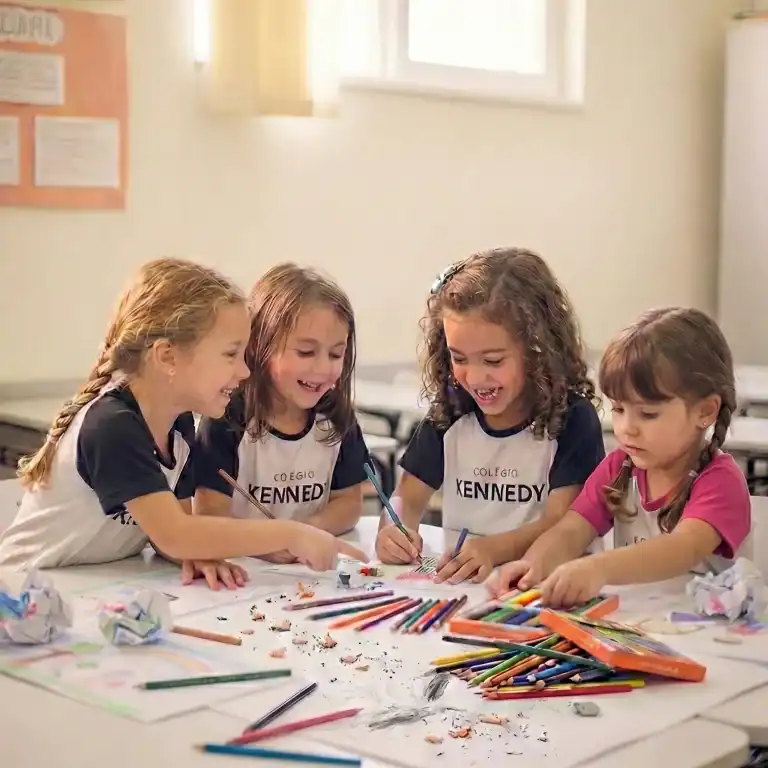 Alunas do Ensino Fundamental do Colégio Kennedy fazendo atividade em grupo