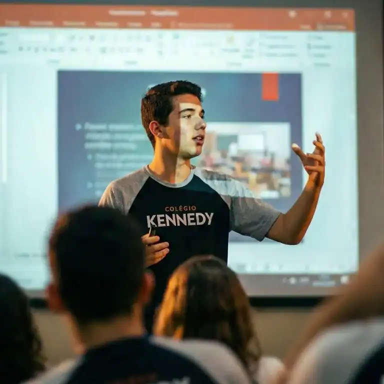Aluno do Ensino Médio do Colégio Kennedy apresentando trabalho para a turma